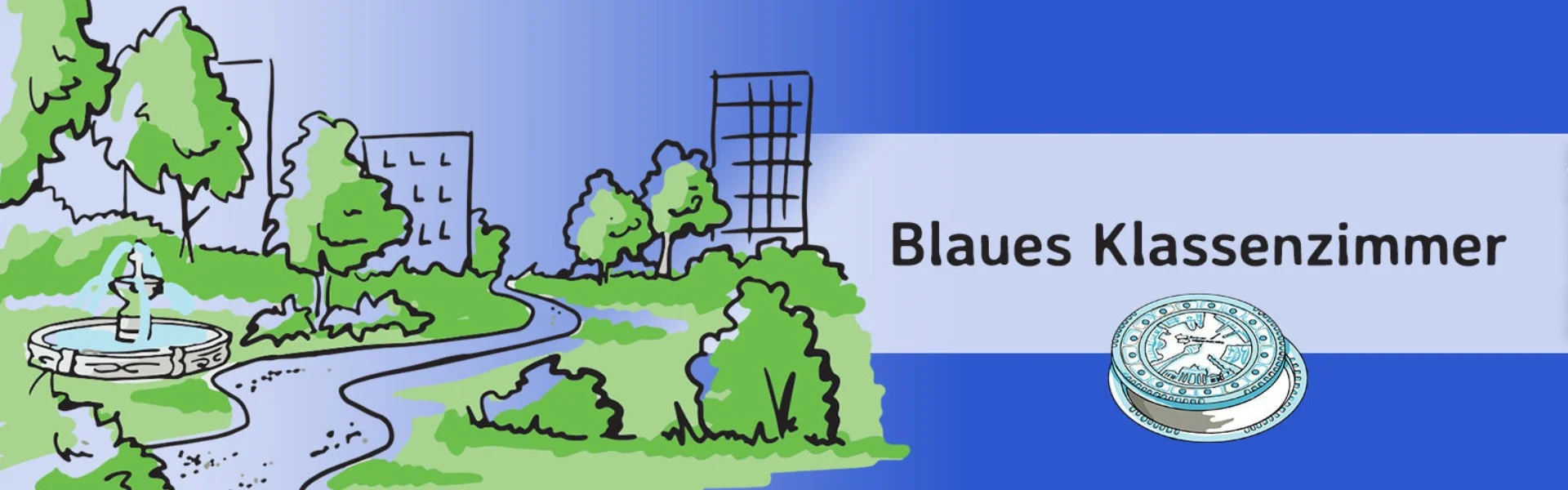 Vor blauem Hintergrund ist eine Zeichnung von einem Park mit einer Stadt im Hintergrund. In einem grauen Kasten steht