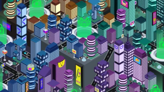 Startseite von "ChatNett!". Im Hintergrund sind Hochhäuser mit Tier.Icons in Neonfarben zu sehen. Davor öffnet sich ein Feld, das in das Spiel einführt. Link zum Projekt "ChatNett!"