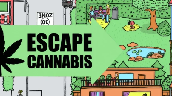 Illustration einer Strasse mit Häusern; darüber liegt ein Richtungspfeil mit dem Text "Escape Cannabis"; Link zum Projekt Escape Cannabis.