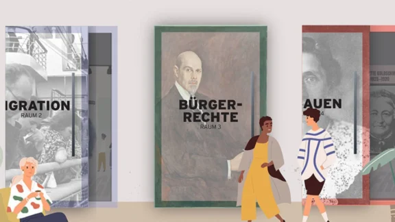Gezeichnete Figuren laufen durch eine Ausstellung. Die verschiedenen Türen führen in verschiedene Räume, die mit Themen beschriftet sind. Link zum Projekt "Gemeinsame Geschichte(n)".