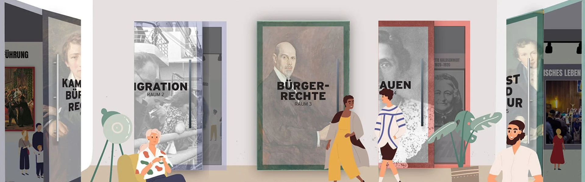 Gezeichnete Figuren laufen durch eine Ausstellung. Die verschiedenen Türen führen in verschiedene Räume, die mit Themen beschriftet sind. Link zum Projekt