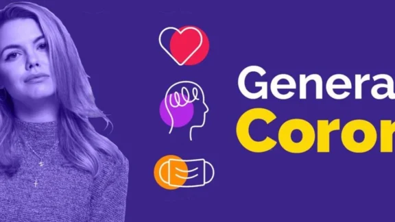 Vor einem lilanen Hintergrund steht eine Frau, die ernst in die Kamera guckt. Daneben sind ein Herz, ein Gehirn und eine Maske als Icon abgebildet. Daneben steht "Generation Corona?" in gelb-weißer Schrift. Link zum Projekt "Generation Corona?"