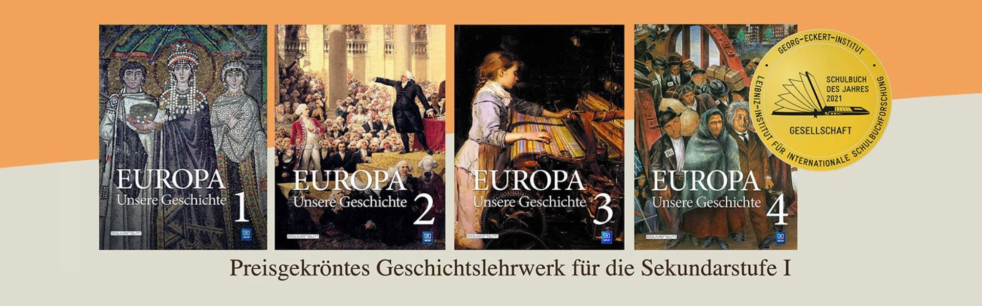 Vor einem orange-gräulichen Hintergrund sind vier Bücher präsentiert zum Thema 