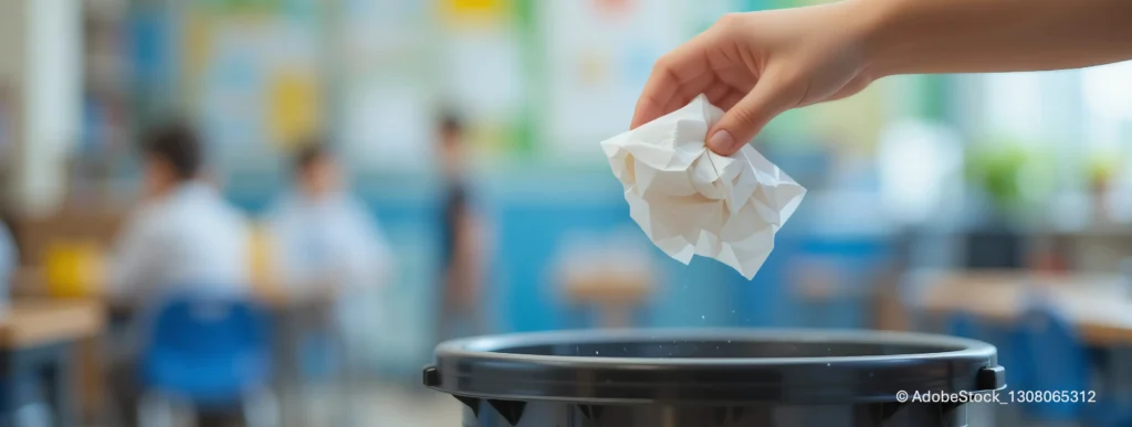 Eine Hand lässt ein zerknülltes Papier in einen Mülleimer fallen
