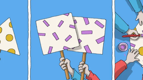 Comic mit drei Zeichungen: In den ersten beiden Zeichnungen werden Schilder mit Kreisen und Rechtecken hochgehalten. Im der dritten Zeichnung ist ein Kompromiss dargestellt: ein Bild, das sowohl Kreise, als auch Rechtecke enthält. Link zum Projekt Hanisauland.