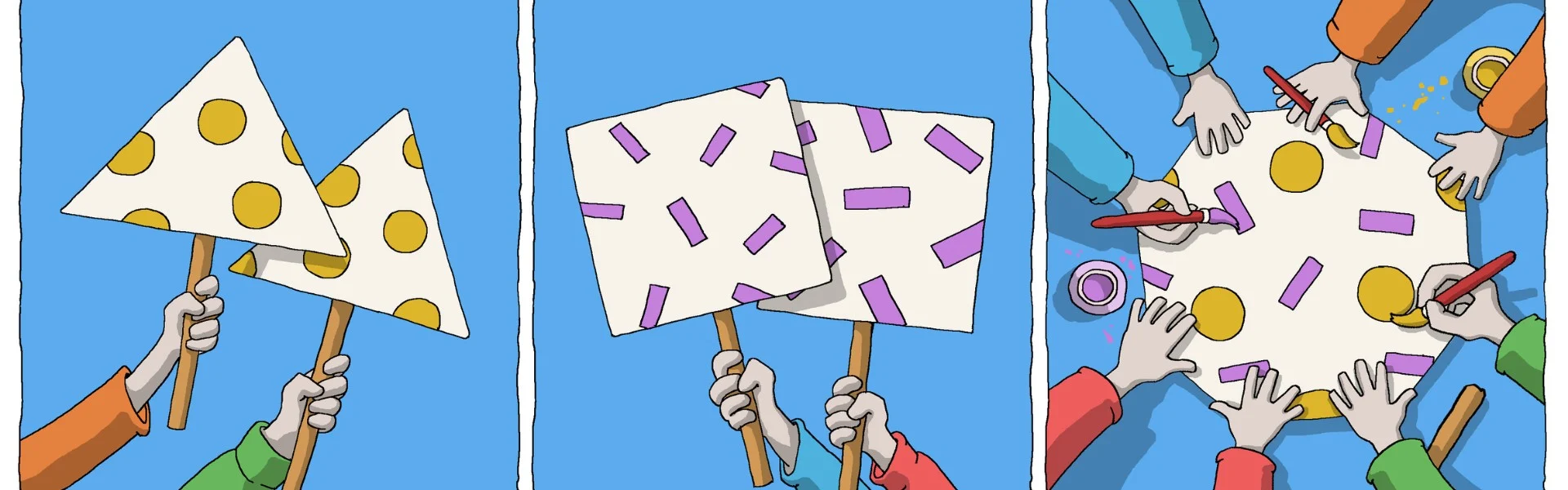 Comic mit drei Zeichungen: In den ersten beiden Zeichnungen werden Schilder mit Kreisen und Rechtecken hochgehalten. Im der dritten Zeichnung ist ein Kompromiss dargestellt: ein Bild, das sowohl Kreise, als auch Rechtecke enthält. Link zum Projekt Hanisauland.