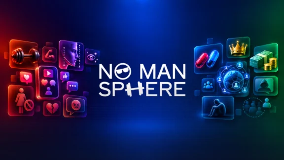 Illustration: in der Mitte der Text "NOMANSPhERE". Rechts und links davon Icons mit: Pillen, Krone, Hantel, Herz etc
