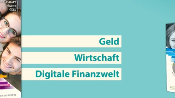 Auf blauem Hintergrund sind zweimal Schulmagazine "Hoch im Kurs" abgebildet. In beigen Kästen stehen die Worte Geld, Wirtschaft und Digitale Finanzwelt. Link zum Projekt "Hoch im Kurs".