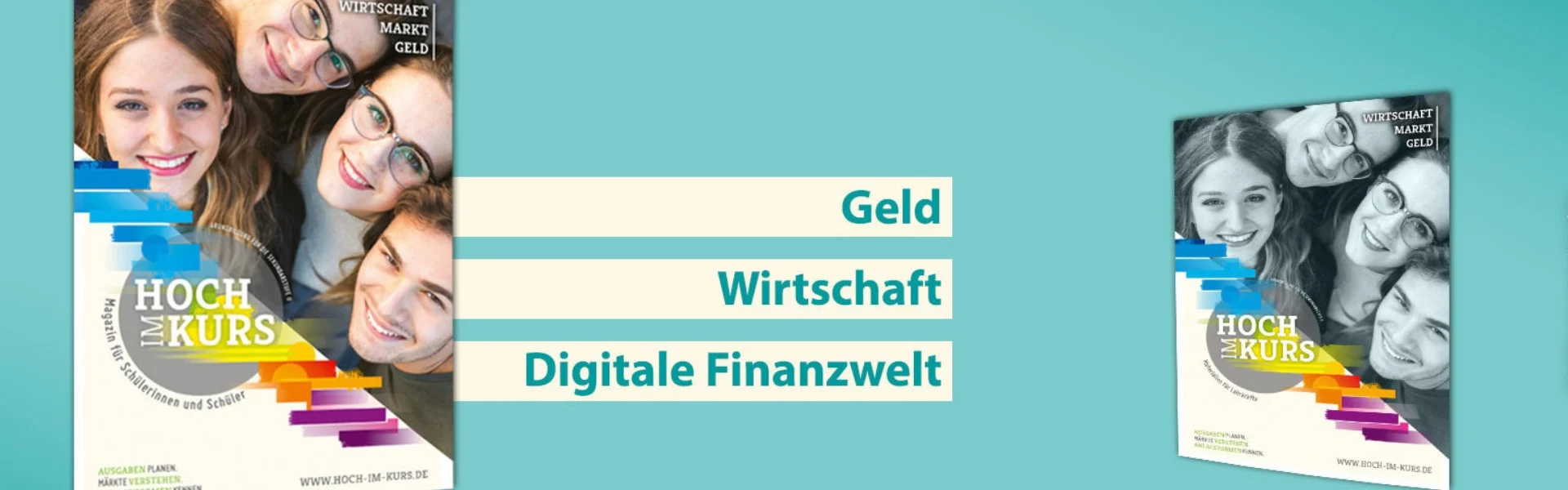 Auf blauem Hintergrund sind zweimal Schulmagazine
