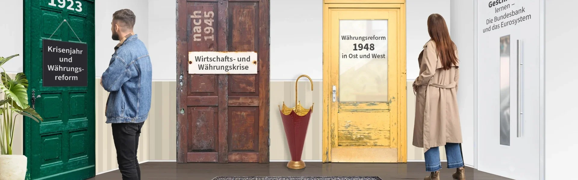 In einem Raum stehen ein Mann und eine Frau. Auf vier verschiedenen Türen stehen die jeweiligen Themen. Über einen Rucksack mit Büchern unten rechts kommt man zum Unterrichtsmaterial. Link zum Projekt 