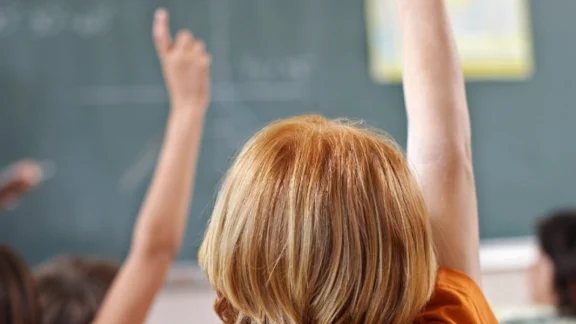 Kinder sitzen in einem Klassenraum und melden sich. An der rechten Seite steht "Jugend und Finanzen. Schulserviceportal der Volksbanken Raiffeisenbanken". Link zum Projekt Jugend und Finanzen.