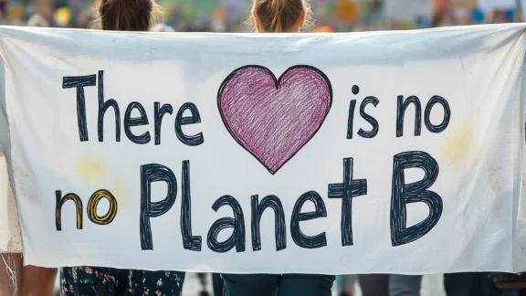 Schüler mit Schild protestieren für Klimaschutz. Auf dem Schild steht: "There is no Planet B"; Link zum Projekt "KlimaMacher".