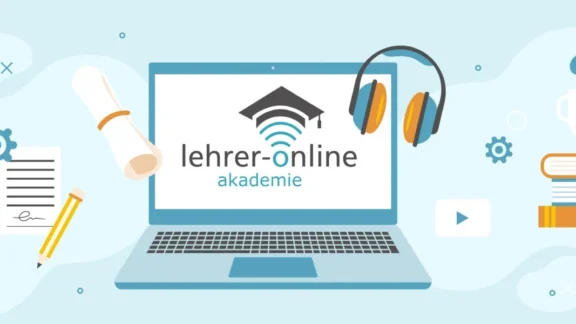 Auf einem hellblauen Hintergrund sind verschiedene Icons angeordnet. In der Mitte ist ein Laptop, auf dem die Webseite zur Lehrer-Online Akademie geöffnet ist. Link zum Projekt der "Lehrer-Online Akademie".