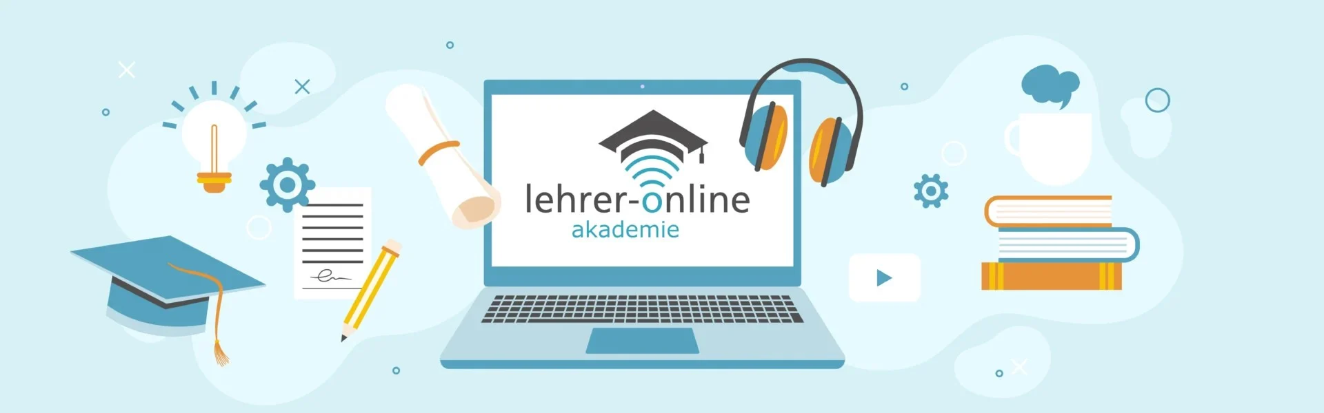 Auf einem hellblauen Hintergrund sind verschiedene Icons angeordnet. In der Mitte ist ein Laptop, auf dem die Webseite zur Lehrer-Online Akademie geöffnet ist. Link zum Projekt der
