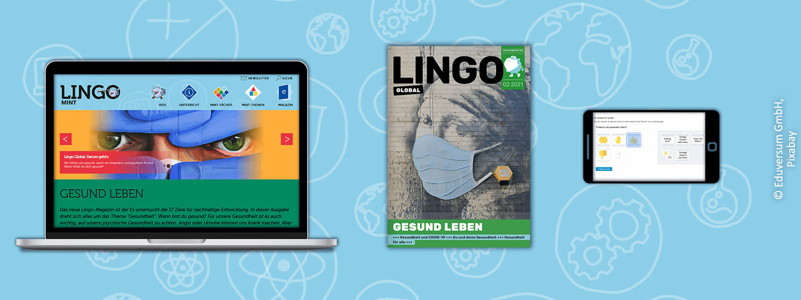 Medienpaket Lingo Global als Print, auf dem Laptop und auf dem Handy. Foto: Pixabay