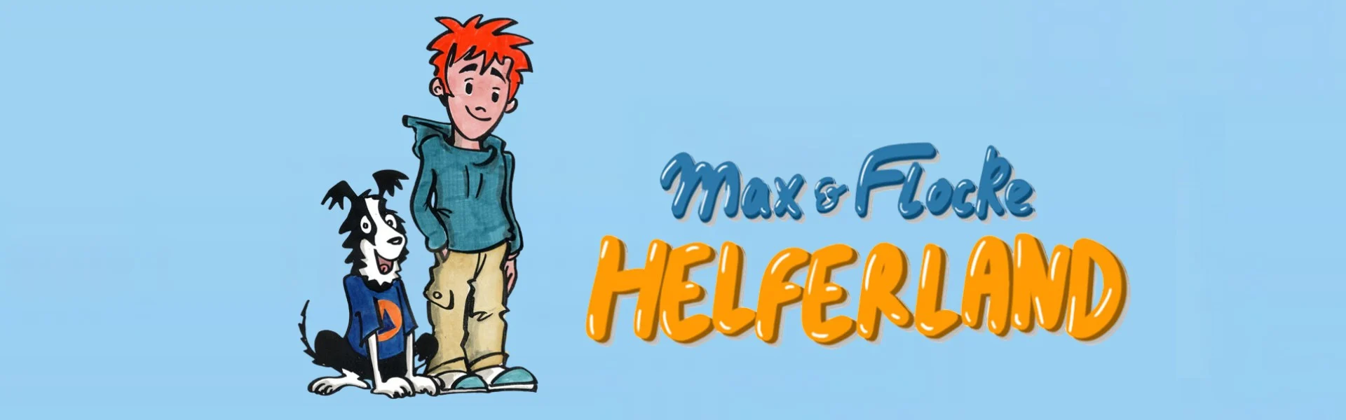 Zeichnung von Junge und Hund, daneben steht: Max & Flocke Helferland. Link zum Projekt