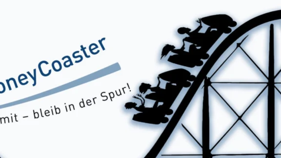 Schattenriss von Jugendlichen in der Achterbahn. Links steht "Money Coaster. Mach mit - bleib in der Spur!". Link zum Projekt von "Money Coaster".