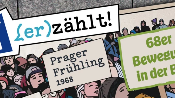 Comiczeichnung von Demonstrierenden mit Schildern. Link zum Projekt "Protest (er)zählt!"