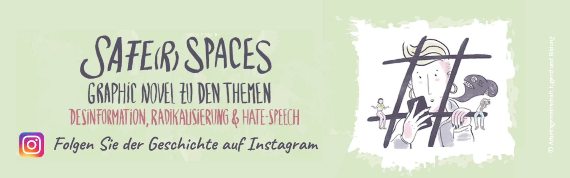 Auf grünem Hintergrund ist eine Zeichnung von einer Person, die am Handy ist. Daneben steht in grau und rot: 