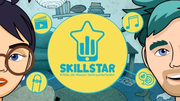 Eine gezeichnete Frau und ein gezeichneter Mann schauen in Richtung des Betrachters. In der Mitte ist das Logo von Skillstar zu sehen, das zu verschiedenen Icons führt. Im Hintergrund ist ein unordentliches Zimmer zu sehen. Link zum Projekt "Skillstar".