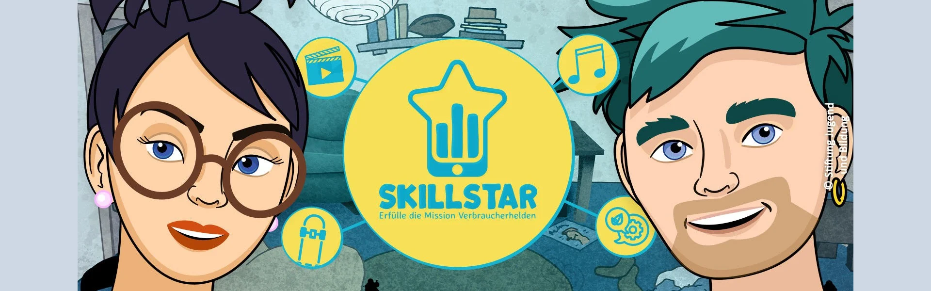 Eine gezeichnete Frau und ein gezeichneter Mann schauen in Richtung des Betrachters. In der Mitte ist das Logo von Skillstar zu sehen, das zu verschiedenen Icons führt. Im Hintergrund ist ein unordentliches Zimmer zu sehen. Link zum Projekt 