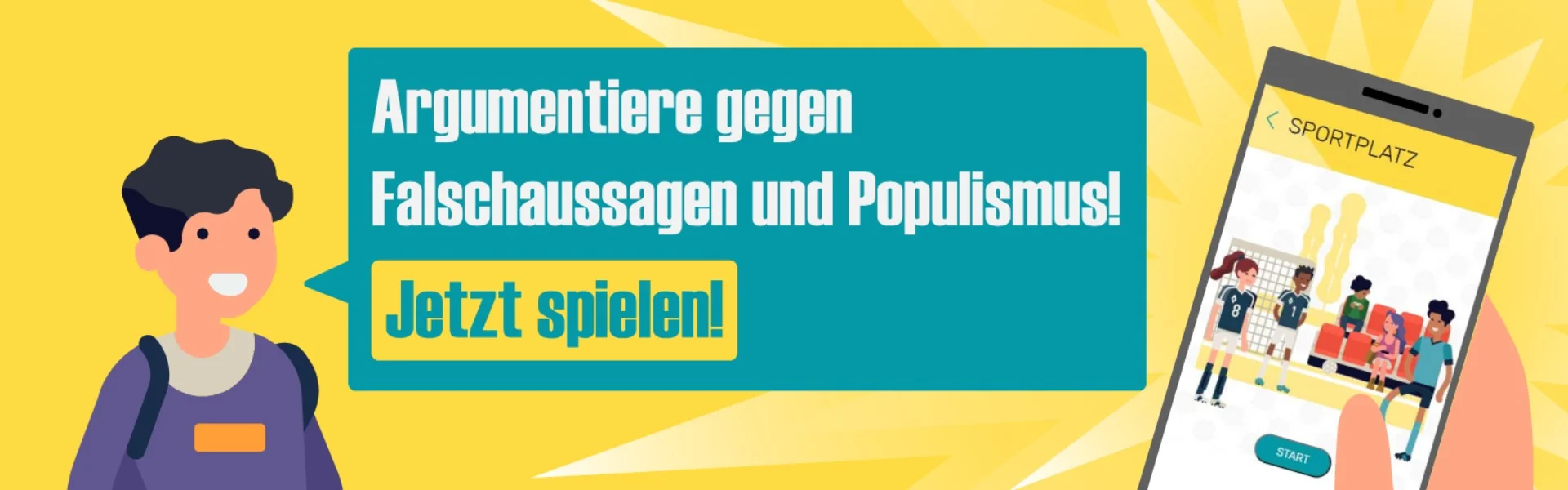 Vor gelbem Hintergrund steht ein Jugendlicher und sagt
