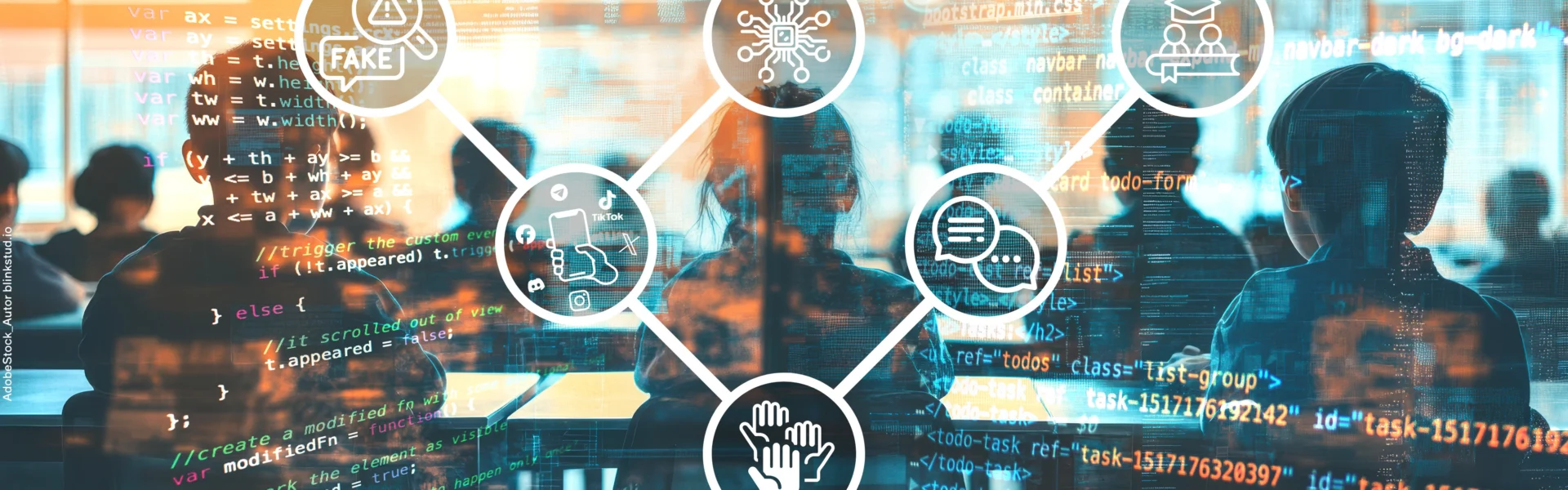 Im Hintergrund Schultische mit Schüler:innen; eine Ebene darüber Text einer Programmierung, auf oberster Ebene Icons, die durch Linien verbunden sind und Kommunikationssituationen abbilden