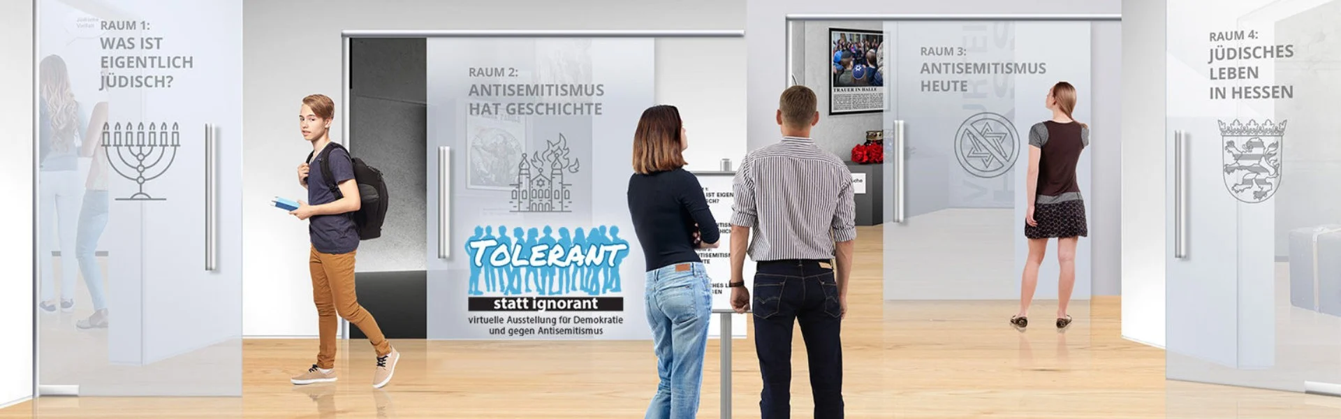 Vier Menschen laufen durch einen Raum. Auf verschiedenen Türen stehen Schriftzüge zum Thema