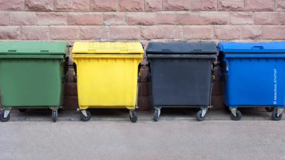 Vier Mülltonnen stehen nebeneinander: eine grüne, eine gelbe, eine schwarze, eine blaue