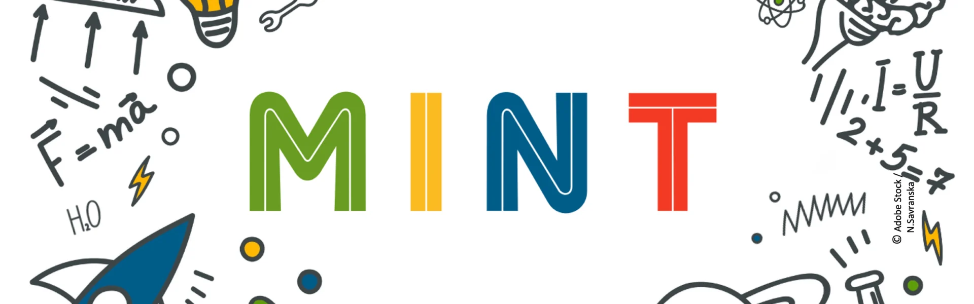 Mit Hand gezeichnete Formeln und Icons; in der Mitte steht MINT
