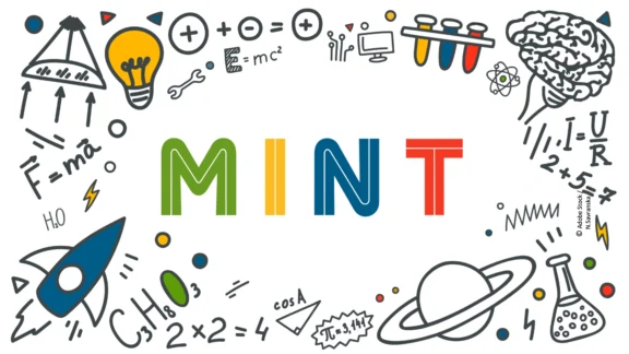 Mit Hand gezeichnete Formeln und Icons; in der Mitte steht MINT